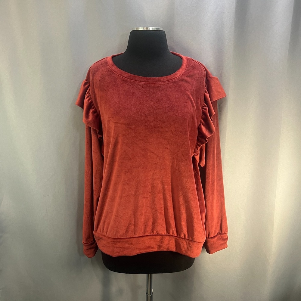 LC Lauren Conrad Sweater Womens 2XL Red Ruffle Sleeve Velvet Fox Fur Stretch